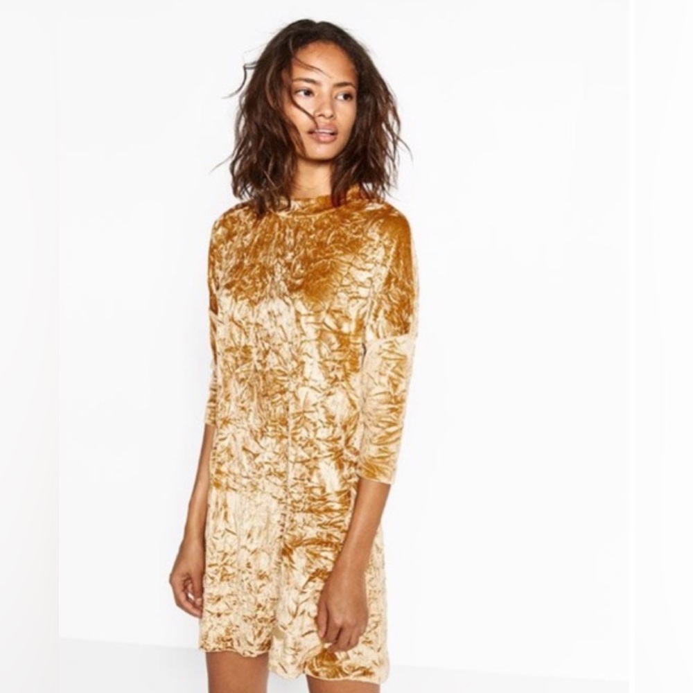 ZARA Crushed Velvet Mustard Boho Dress
